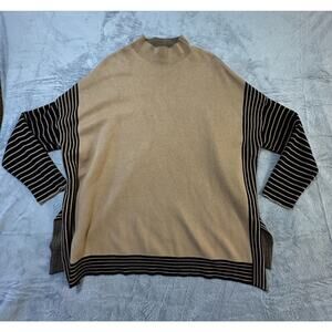 A Love Story Sweater L/XL Tan Black Striped Sleeve Mock Neck Oversized Knit Top